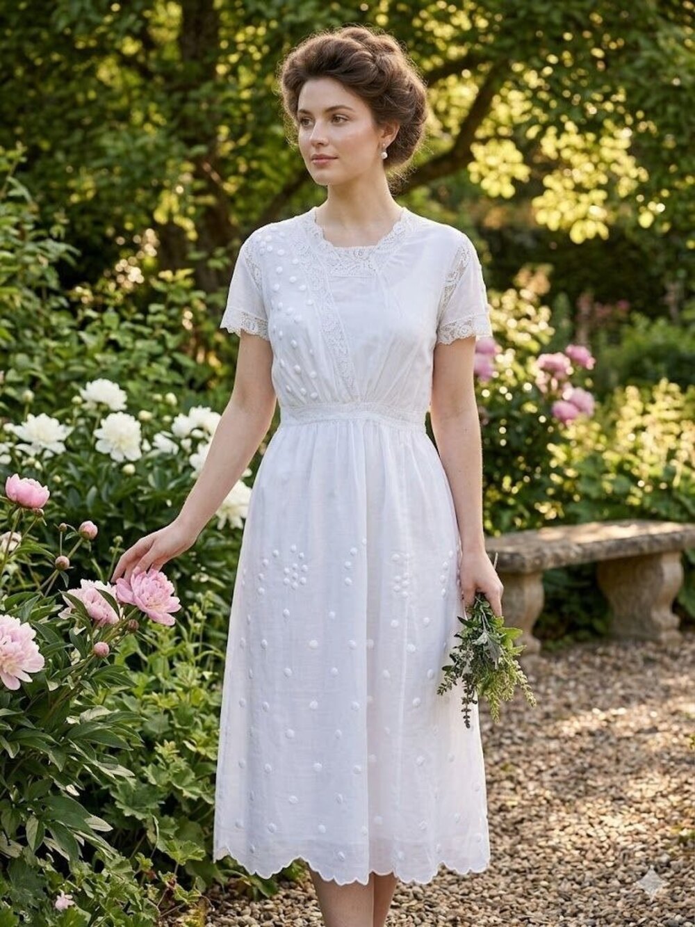 Vintage 40s White Cotton Slip Dress Sheath Lace Dots Cottagecore Coquette Bridal